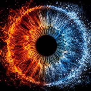 Könnte beinhalten: Digitales Kunstbild eines menschlichen Auges, vertikal geteilt. Die linke Seite ist von Flammen in Orange- und Gelbtönen umgeben. Die rechte Seite ist von Wasser umgeben, mit Blau- und Weißtönen. Die Iris ist eine Mischung aus Farben.