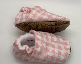 Handmade Pink Plaid Baby Moccs: Soft Sole Crib Shoes