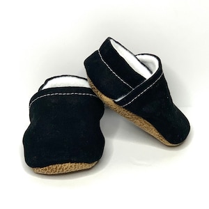 Handmade Black Baby Moccs: Soft Sole Crib Shoes