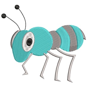 May include: A turquoise and gray cartoon ant with black eyes and antennae. The ant has six legs and is standing on a white background.
