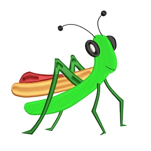 May include: A green grasshopper with a red and yellow hot dog on its back. The grasshopper has black eyes and a smiling face.