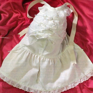 Könnte beinhalten: Ein weißes Babykleid mit einem Rüschenrock und einer Spitzenborte. Das Kleid hat ein weißes Band, das in der Taille gebunden ist, und eine Schleife am Ausschnitt.
