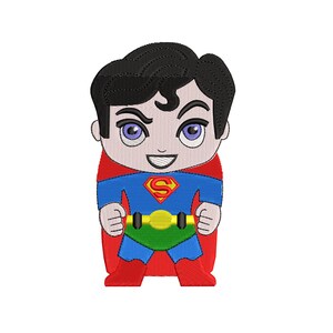 May include: Embroidered patch of a cartoon Superman with a red cape, blue suit, and yellow belt. The patch features a black hair and a white face with a big smile.