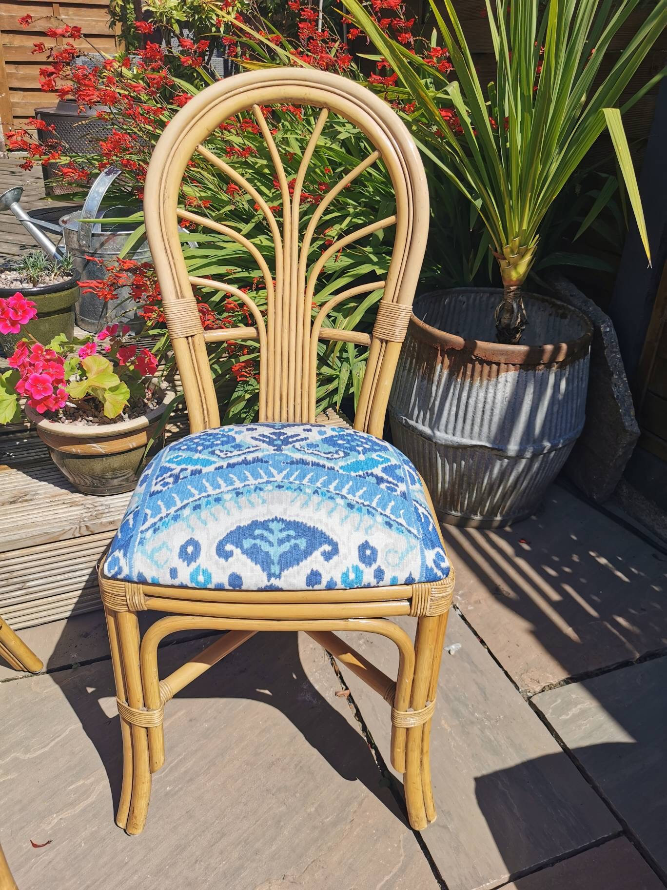 Blue and white woven chairs deals