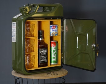 Spirits Mixers Glasses Bottles GREEN ASOC Metal Jerry Can Drinks Cabinet Mini Bar