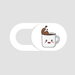 May include: White slider switch with a round, white button featuring a cartoon coffee mug with a brown liquid spilling out and a happy face.