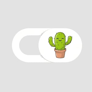 May include: A white toggle switch with a round, white button. The button has a cartoon cactus with a smiling face and green arms.