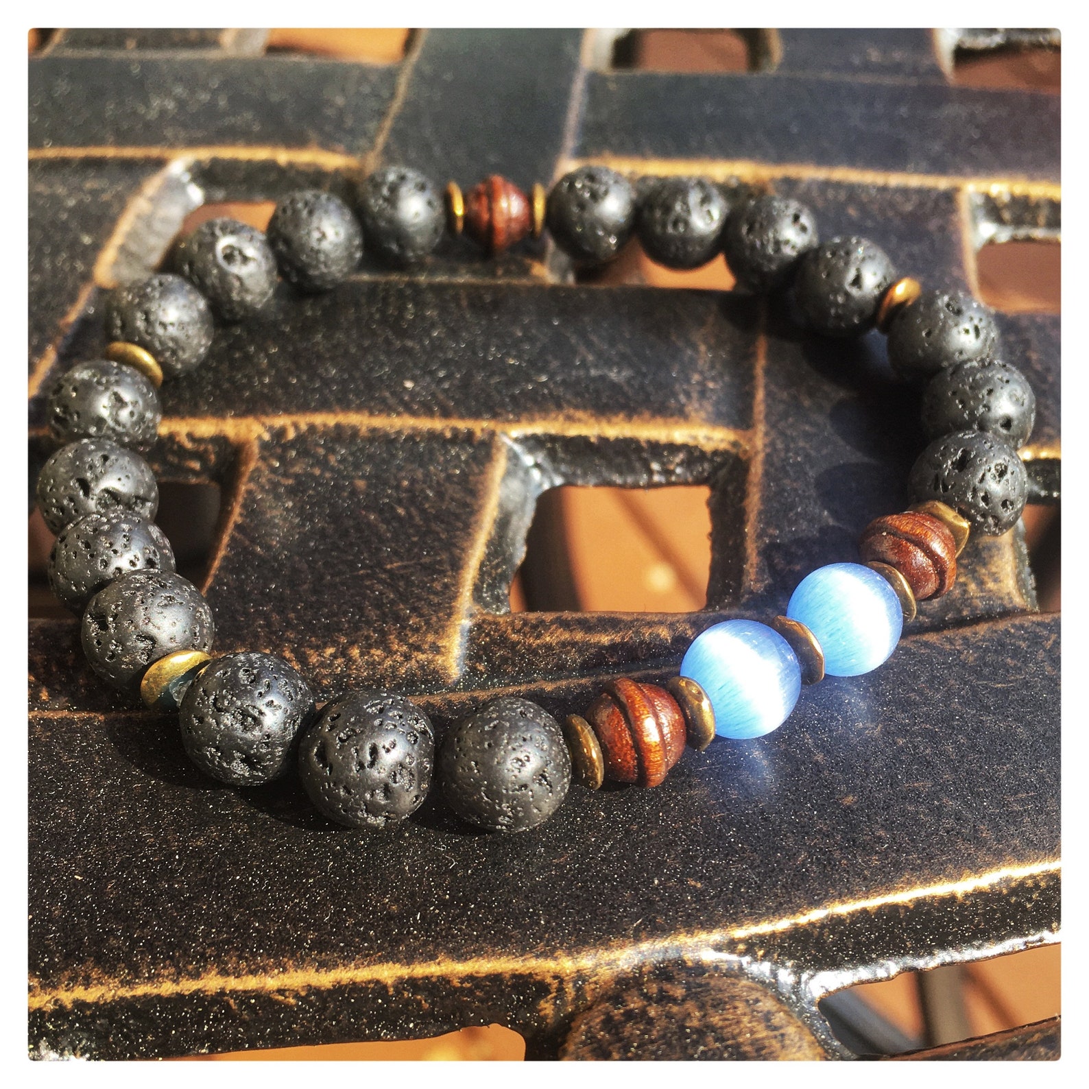 Blue Gem Mens Bracelet, Lava Beads, Handmade, Bracelets, Lava Bracelets