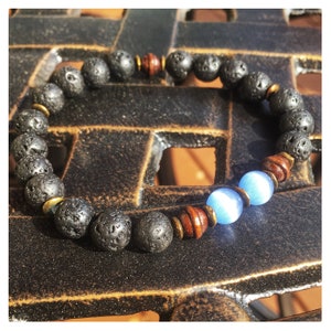 Blue Gem Mens Bracelet, Lava Beads, Handmade, Bracelets, Lava Bracelets, Lava Stone, Gift for Him, Essential Oil Bracelet, Mens Jewelry