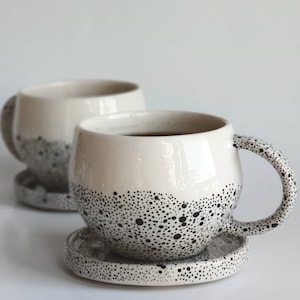 Handmade Cappuccino Set| Ceramic Mug with Saucer |Christmas Gift Set| Housewarming Minimalist,Espresso Mug Gift|Dotted Mug| Gift for her,him