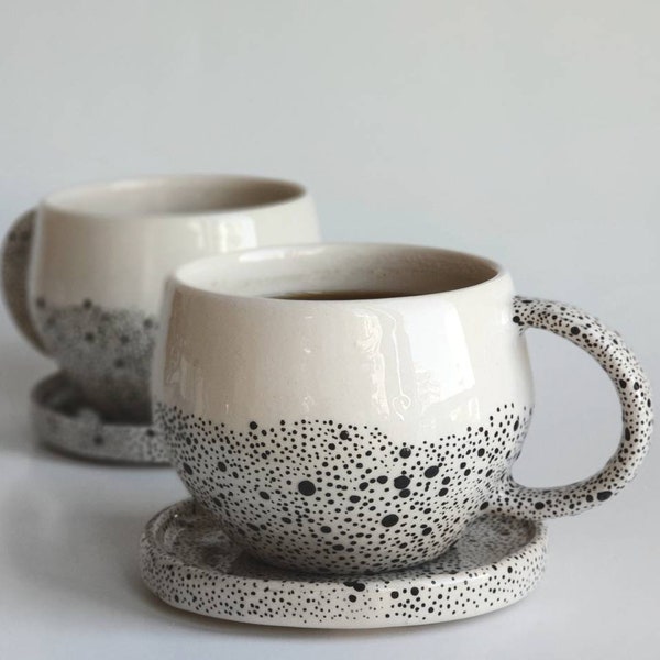 Handmade Cappuccino Set| Ceramic Mug with Saucer |Christmas Gift Set| Housewarming Minimalist,Hygge,Espresso Mug Gift|Dotted Mug|Polka Mug