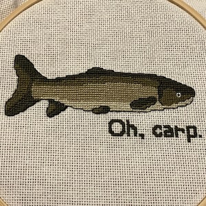 May include: A white embroidery hoop with a brown fish and the text "Oh, carp." embroidered on it.
