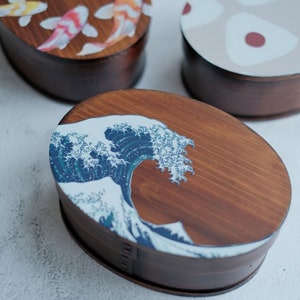 Japanese Hokusai Ukiyoe & Koi Fish Handmade Bento Box | Great Waves off Kanagawa- Natural Fragrant Dark Cedar/ Light Cypress Wooden Lunchbox