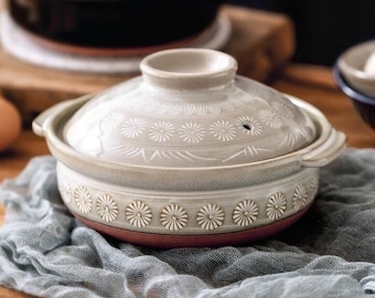 Ginpo Hanamishima Floral Print Bankoware Japanese Donabe Clay Pot | Bankoyaki Ceramic Cooking Pot- Gas IH & Oven for Nabemono Hotpot Stew