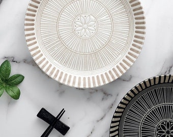 Set of 5 Japanese Minoyaki Mediterranean Mosaic Pasta Plates | Modern Elegant Black & White Matte Handmade Ceramic Pasta/ Dinner Plate Set