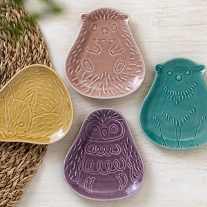 Set of 4 Finnish Japanese Fairy Tale Animal Mamezara Plates | Colourful Hedgehog Fox Bear Owl  Side Plate for Olive Salt Sauce/ Jewelry Tray