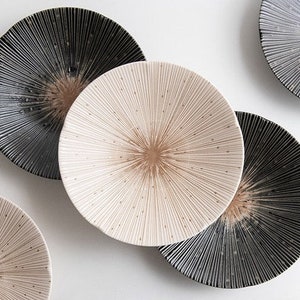 Set of 5 Japanese Minoyaki Stripes Pasta Plates | Modern Elegant Sparkling Ivory & Ebony Black Handmade Ceramic Pasta Plate/Dinner Plate Set