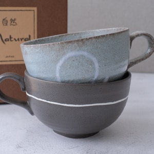 Pair of 2 Wabi Sabi Handmade Minoyaki Latte Bowl/ Soup Mug with Handle | Black & Gray Japanese Pottery Coffee, Tea, Soup Cup in Gift Box
