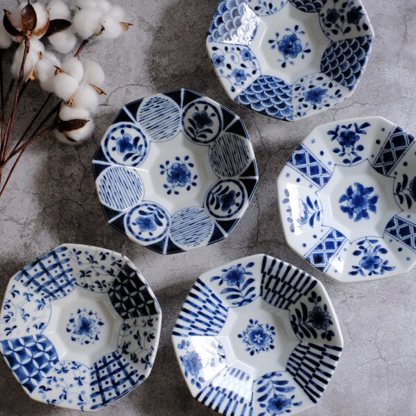 Set of 5 Japanese Minoyaki Porcelain Indigo Octagon Plates | Traditional Blue White Floral Textile Pattern Handmade Ceramic Appetizer Plates