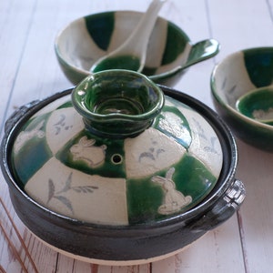 Green Oribe Rabbit Checkerboard Japanese Donabe Clay Pot | Handmade Earthenware Cookpot Bowls- Gas Stove /Oven for Nabemono Hotpot Rice Stew