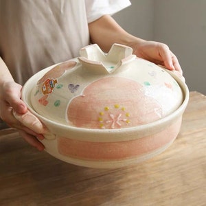 Japanese Sakura Pink Cream Floral Bankoyaki Donabe Clay Pot | Handmade Ceramic Cooking Pot Gas Stove & Oven for Nabemono Hotpot Rice Stew