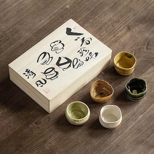 5 Piece Minoyaki Folk Inspired Teacups / Sake Cups | Set of 5 Unique Handmade Japanese Minoware Ceramic Tea Cups in Wooden Giftbox