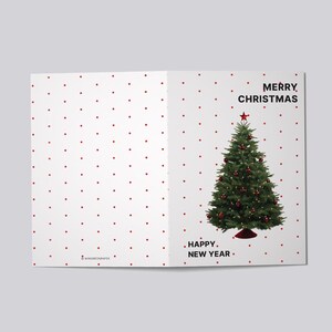 May include: A folded Christmas card with a white background and red polka dots. The right side features a decorated Christmas tree with a red star on top. Text reads "MERRY CHRISTMAS" and "HAPPY NEW YEAR."