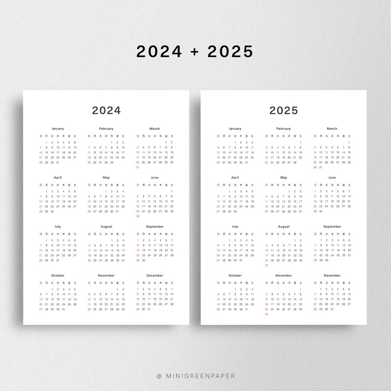 2024 2025 FREE Calendar Printable, Year at a Glance PDF, Minimalist Wall Calendar, Sunday Start