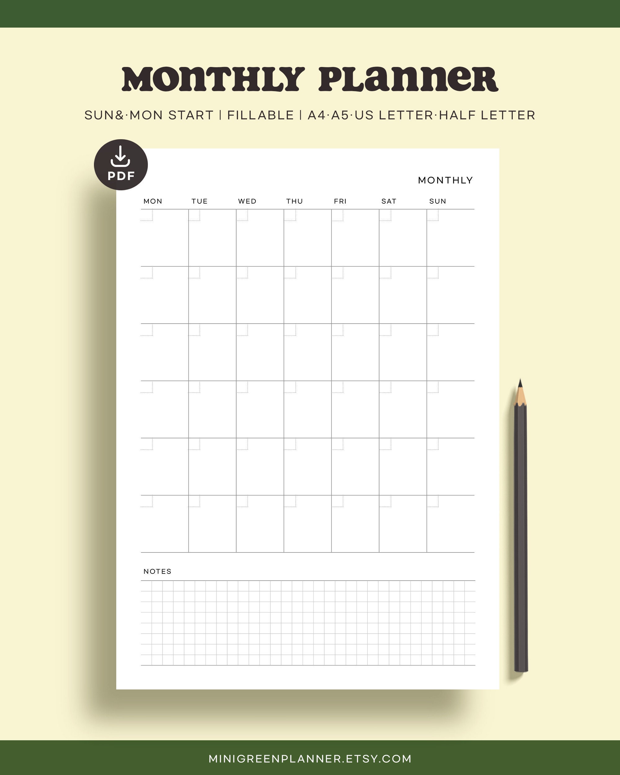 Minimalist Monthly Planner Undated Printable Fillable PDF | Etsy