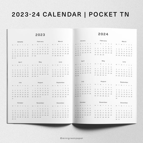 Pocket TN | 2023 - 2024 Calendar Inserts | Printable Year at a Glance | Sunday and Monday Start