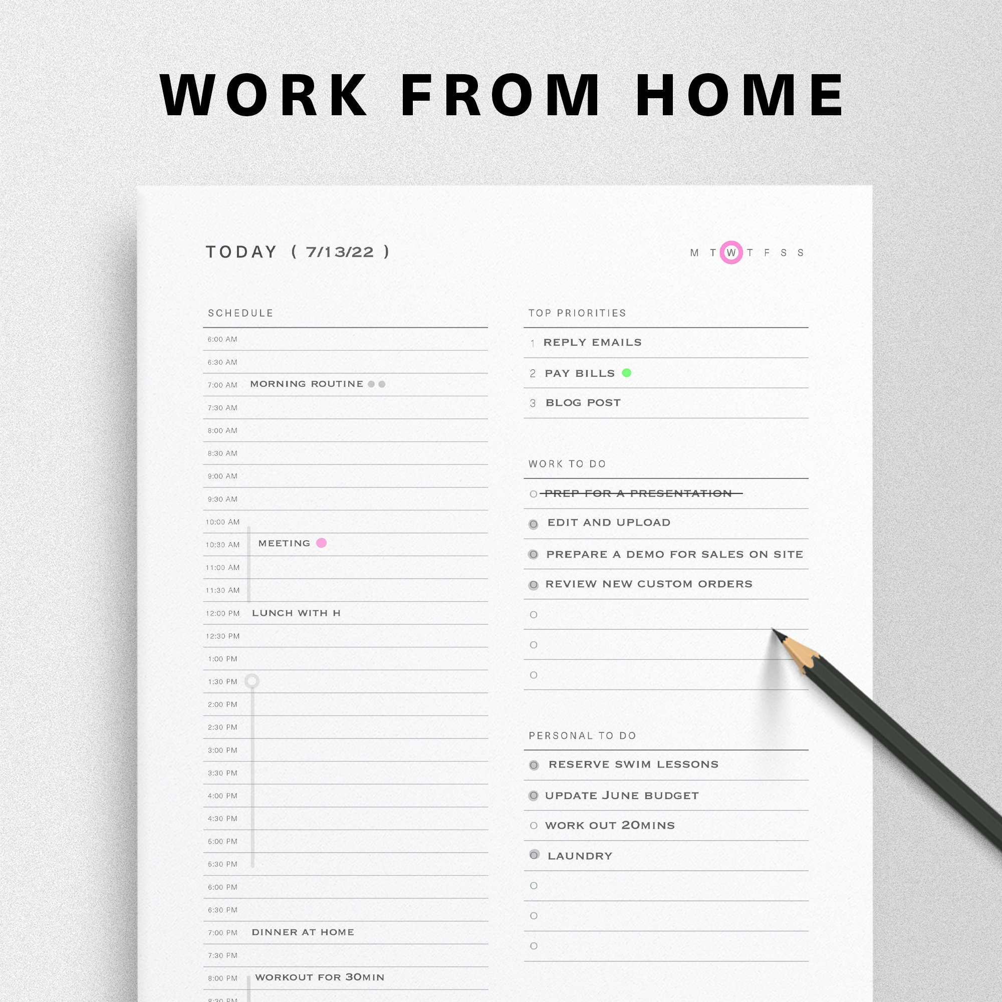 Work From Home Planner Printable, Fillable Daily Productivity Planner