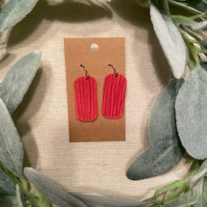 1.5 inch Red Palm Leaf Rectangle Genuine Leather Earrings