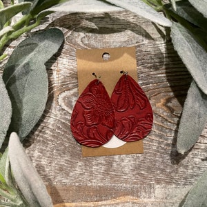 2 inch Red Embossed Faux Leather Earrings