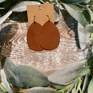 Large Teardrop Genuine Cognac Leather Earrings