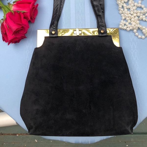 Vintage Black Suede Morris Moskowitz Handbag, Leather Top Handle Purse