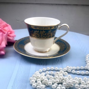 Vintage Royal Doulton Earlswood Blue and Gold Teacup and Saucer