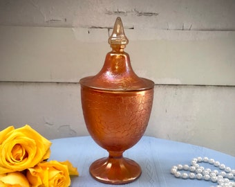 Vintage Imperial Marigold Carnival Glass/Crackle Glass Footed Candy Dish