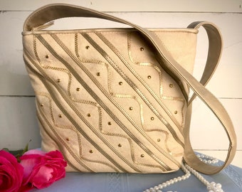 Vintage Beige Canvas 1980s Shoulder Bag