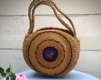 Vintage Brown/Blue/Red Woven Round Top Handle Purse