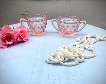 Vintage Cube Pink Depression Glass Creamer & Sugar by Jeannette