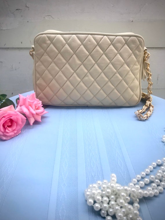 Vintage Cream Faux Leather Quilted Shoulderbag - image 4
