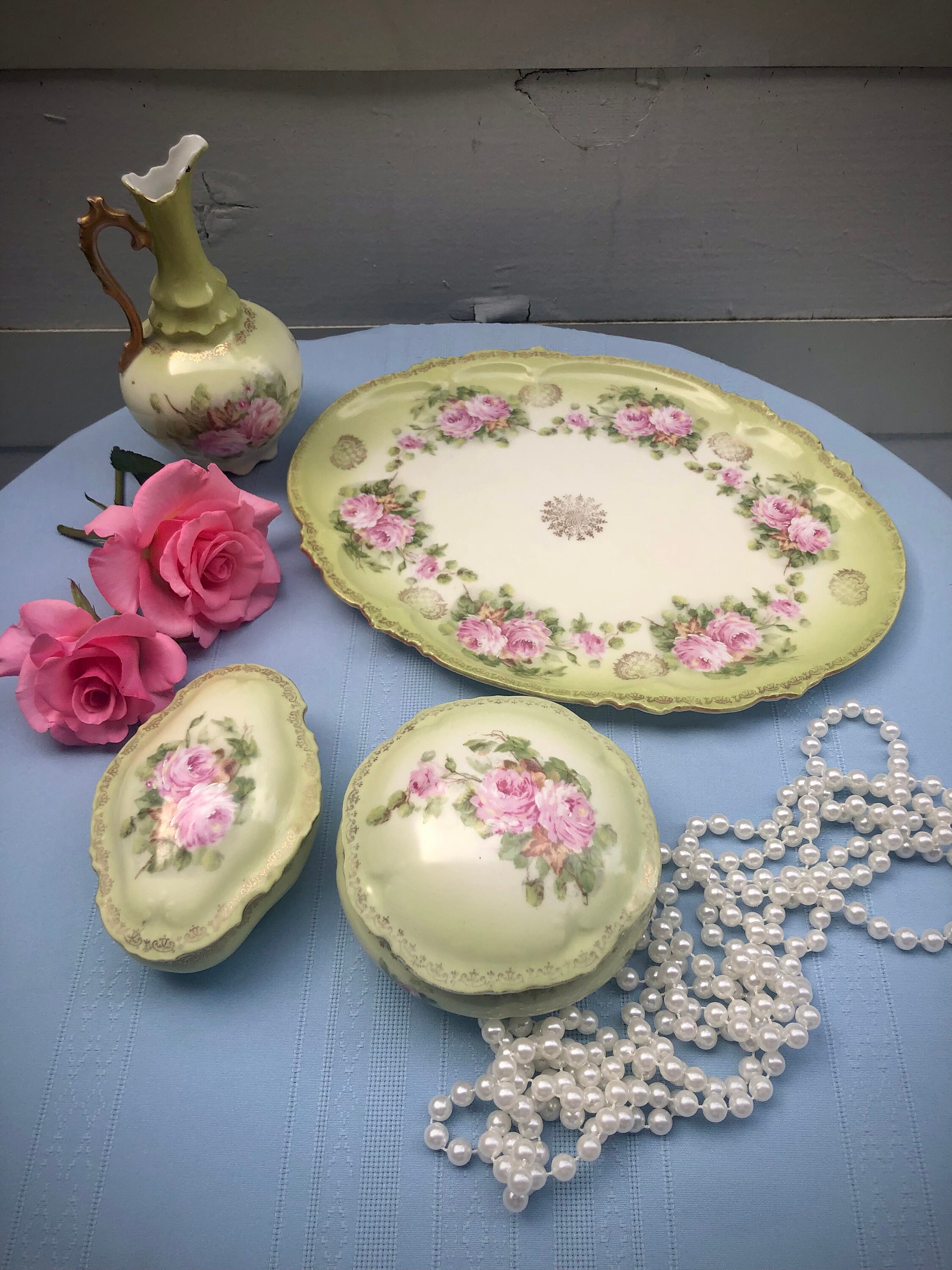 Vintage Porcelain Pink & Green Floral Dusting Powder Jar and Vanity Set Etsy