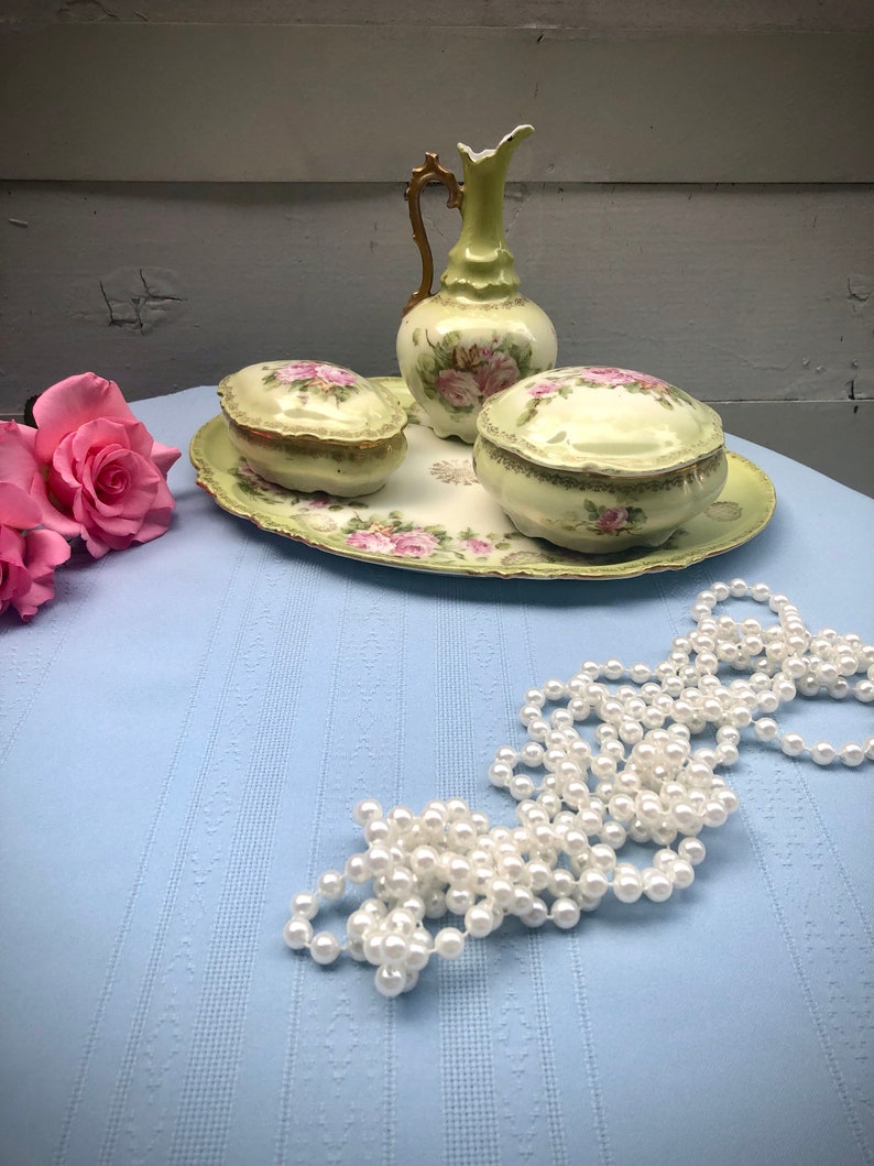 Vintage Porcelain Pink & Green Floral Dusting Powder Jar and Vanity Set Etsy