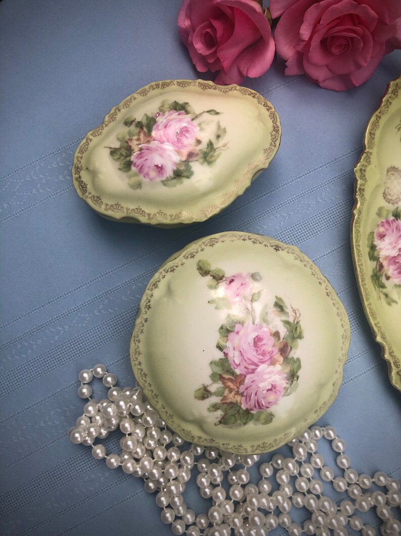 Vintage Porcelain Pink & Green Floral Dusting Powder Jar and Vanity Set Etsy