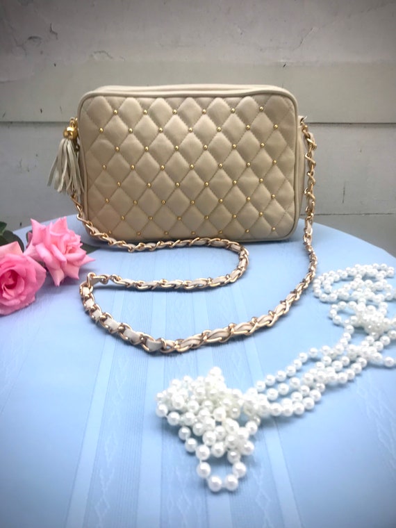 Vintage Cream Faux Leather Quilted Shoulderbag - image 2
