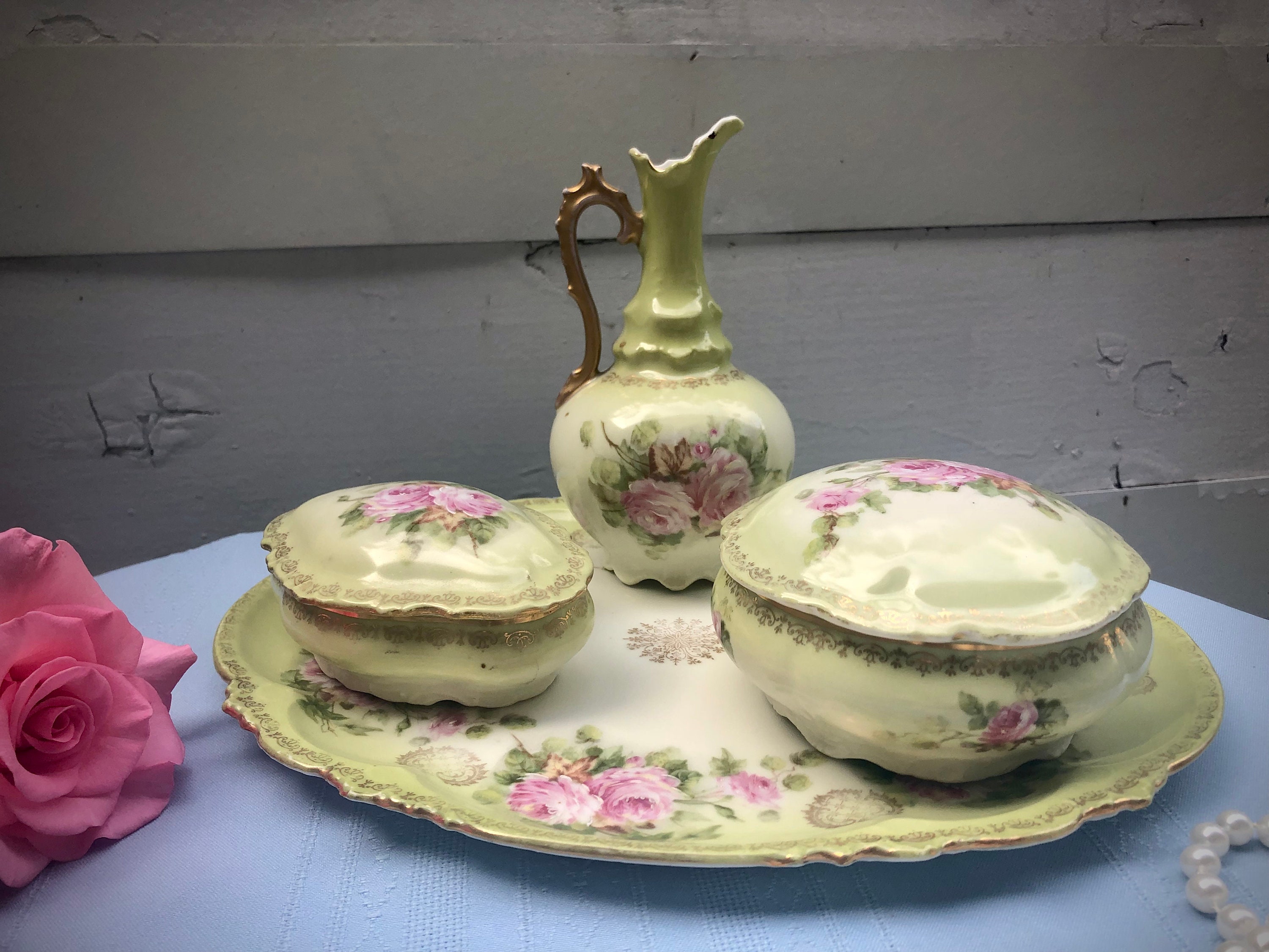 Vintage Porcelain Pink & Green Floral Dusting Powder Jar and Vanity Set Etsy
