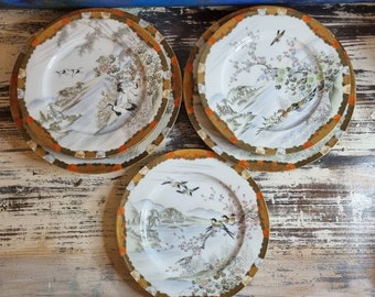 Antique KUTANI Japanese Plates X 9 Eggshell Porcelain Gilded Hand Painted BIRDS c1900 end of Meiji Period