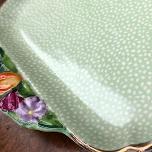 1923 'BOOTHS' 'England Silicon China' Hand-painted Serving Platter Rectangle Raised Floral Design on Mint Green Background