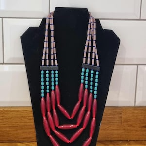 OPUS ETOILE Vintage Cascading Naga Cherry Red Long Beads,Turquoise Glass and Lilac Glass with Carved Ebony Wood Spacers Statement Necklace