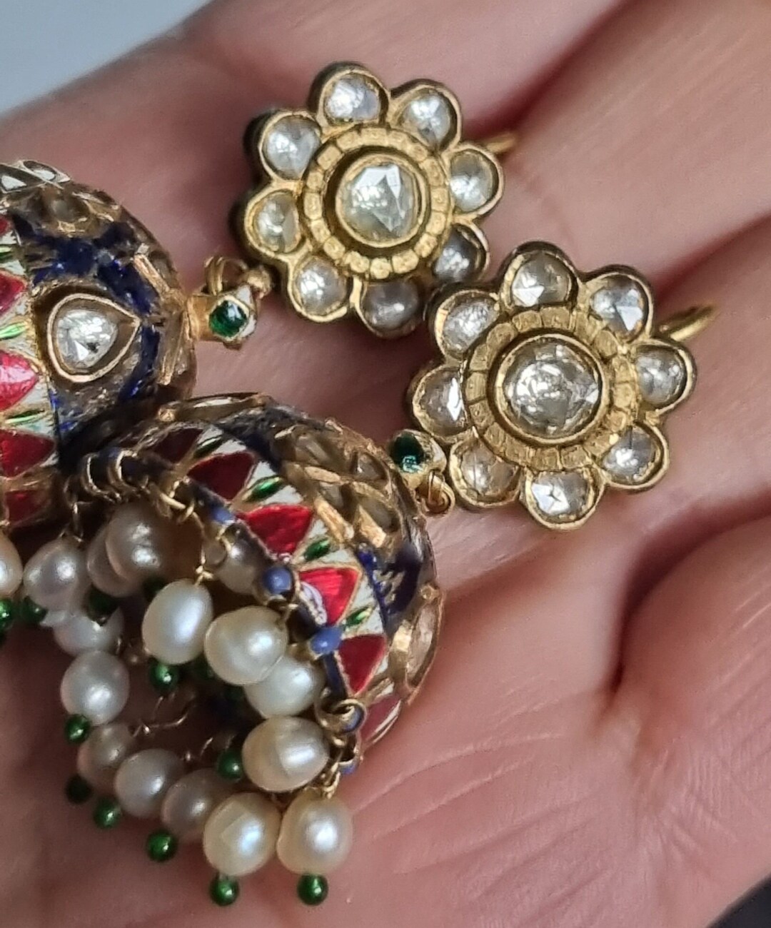 Antique 18ct Gold 35.22g and Rose-cut Diamonds & Natural Basra Pearls ...